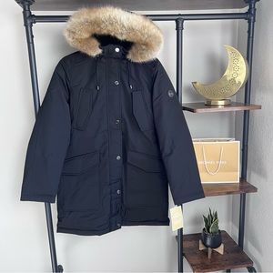 NWT Michael Kors Black Faux Fur Jacket Logo Coat Down Alternative Jacket Small